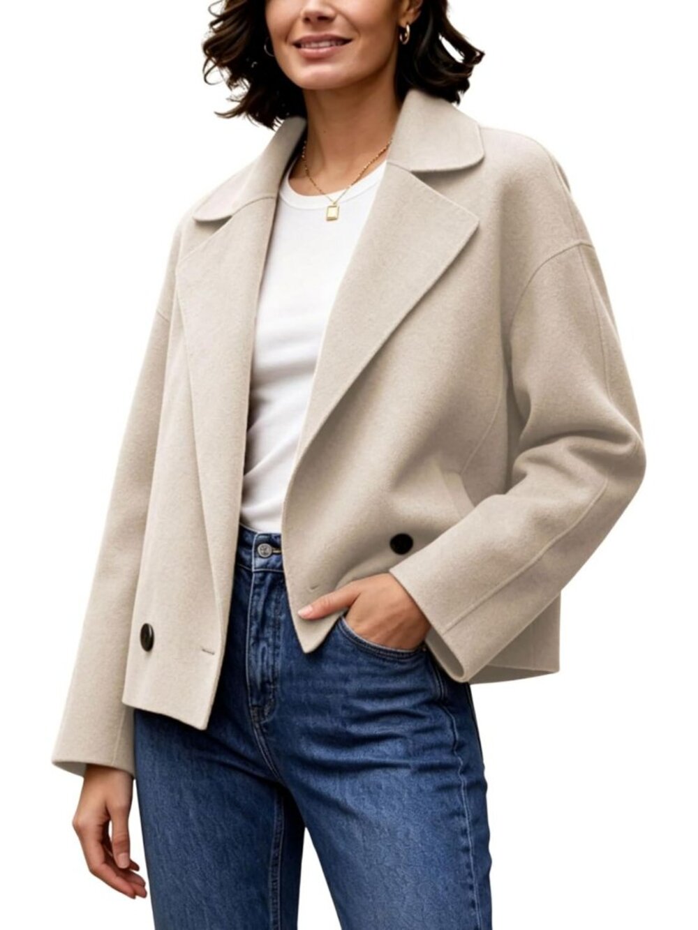 Chic Women's Wool Blend Pea Coat, Double Breasted Lapel Short Jacket